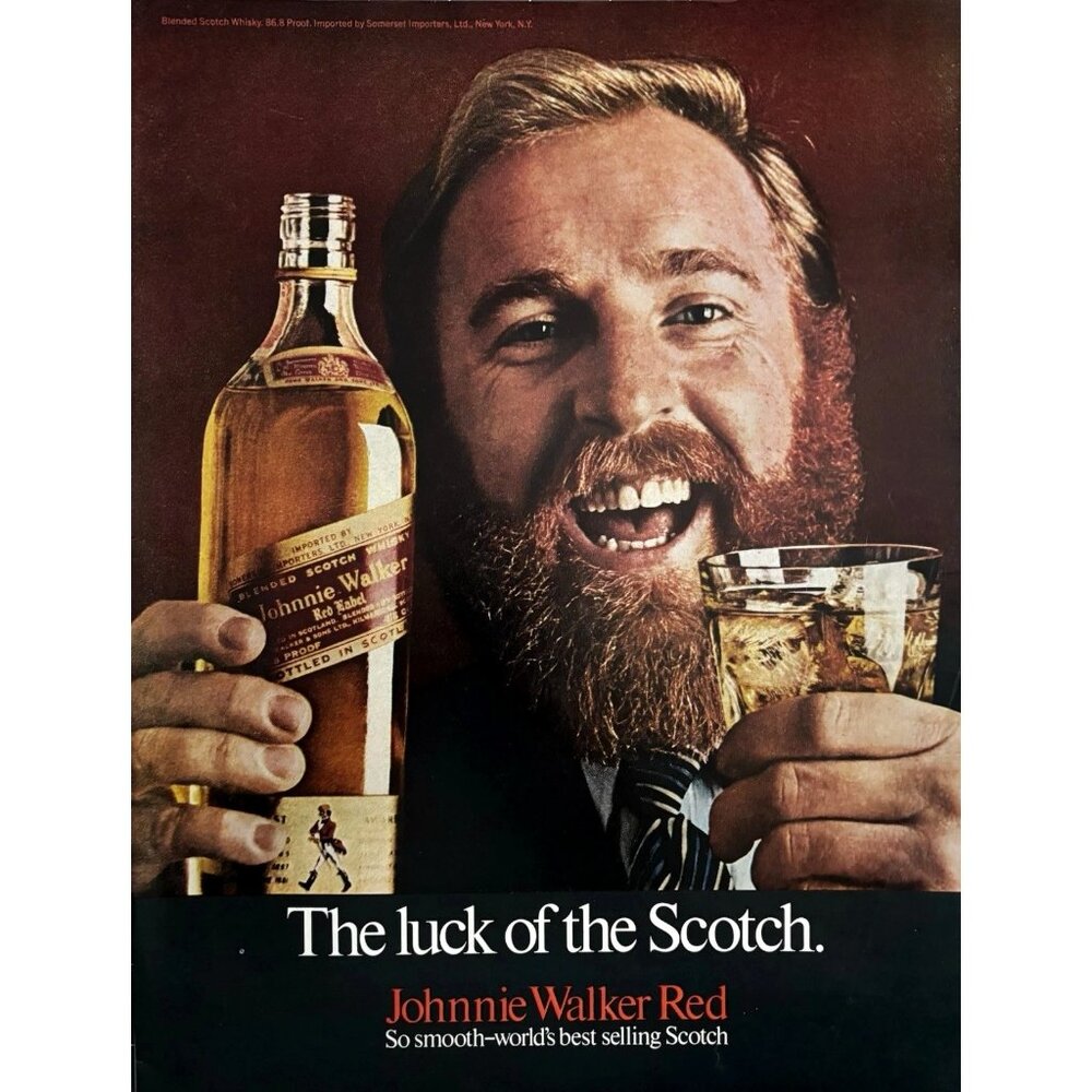 1969 Johnnie Walker Red Label Scotch Whisky Vintage Print Ad Bearded Man